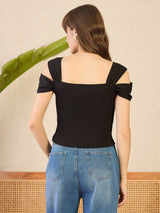 Women's Black Casual Stretchable Cold Shoulder Fitted Top