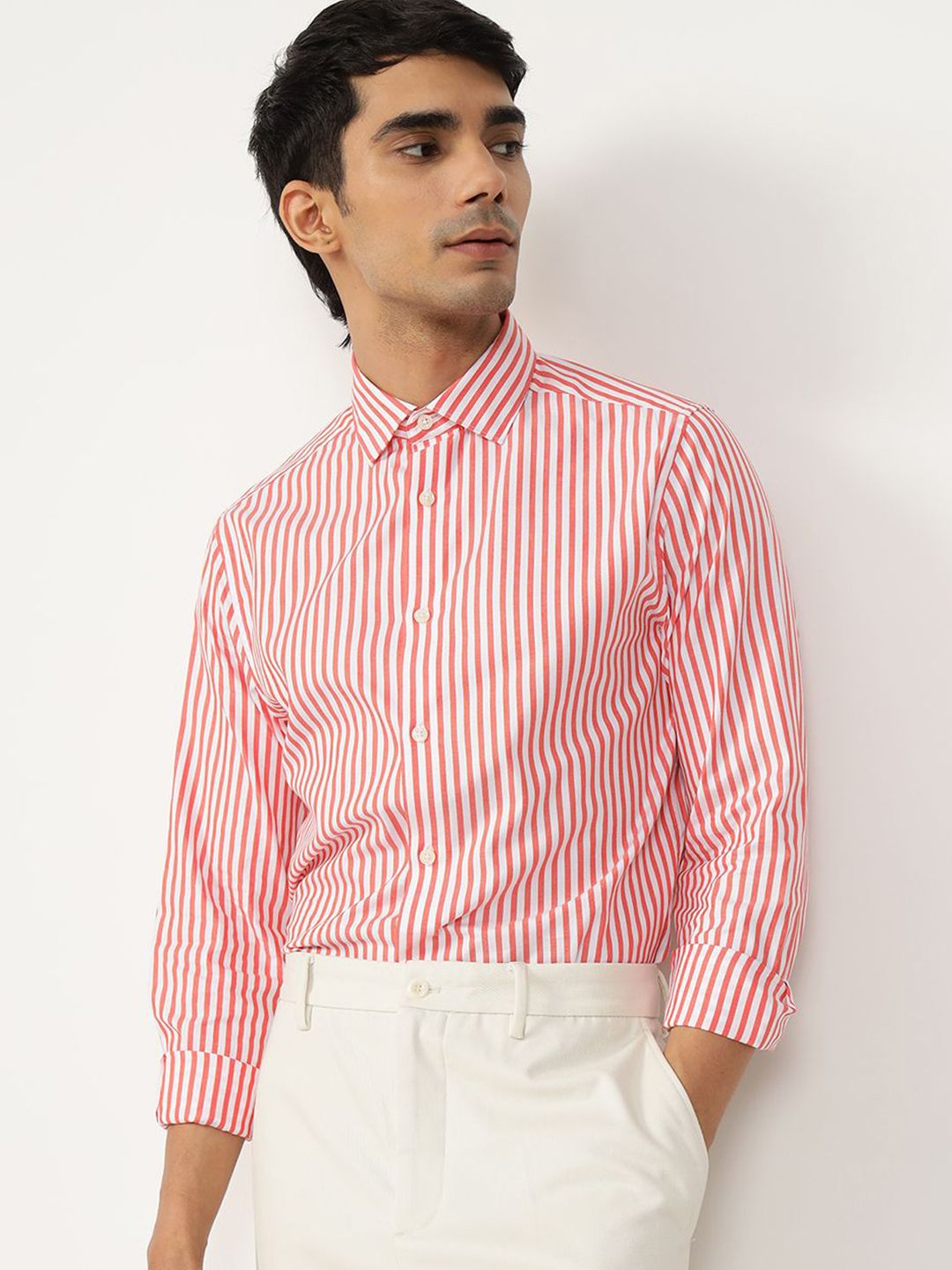 Men's Red Casual Regular Fit Striped Full Sleeves Shirt
