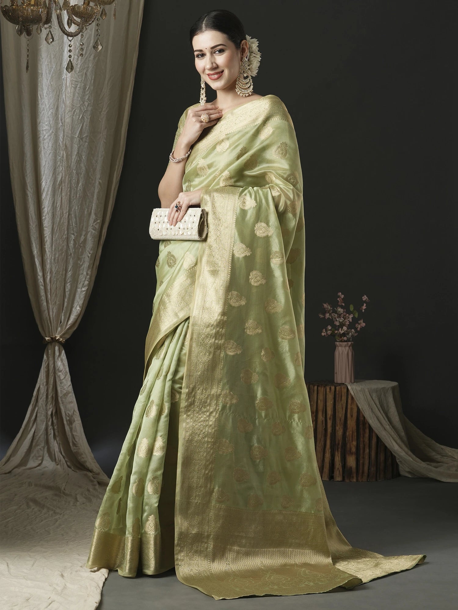 Women's Organza Green Woven Design Designer Saree with Blouse Piece