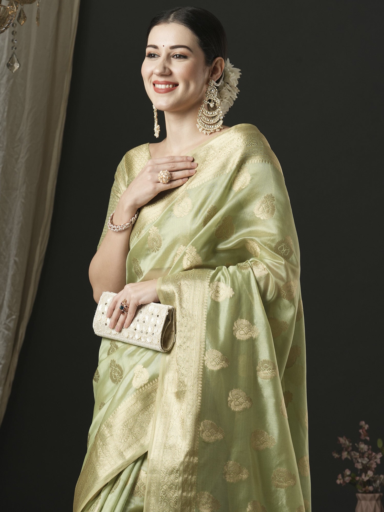 Women's Organza Green Woven Design Designer Saree with Blouse Piece