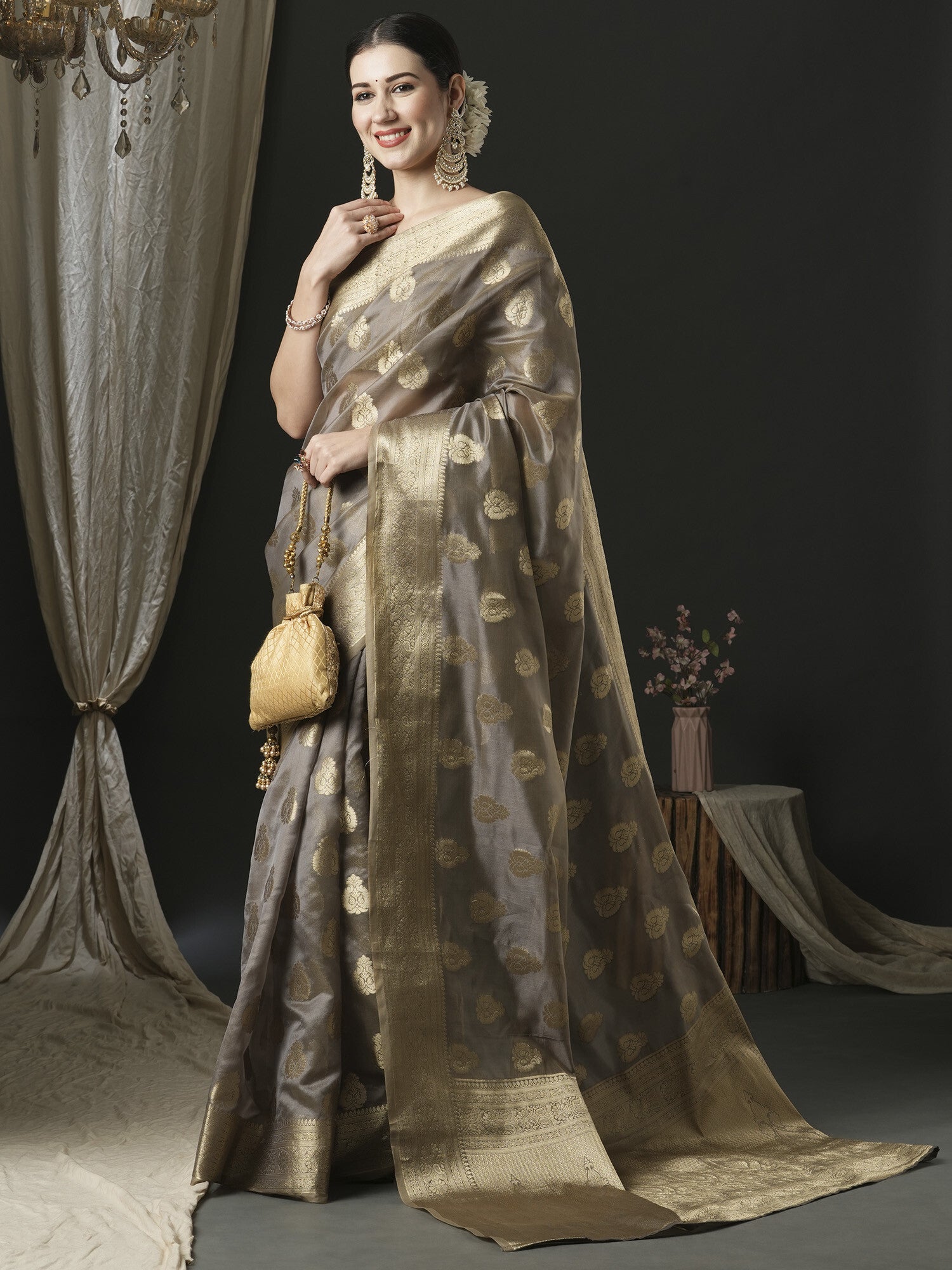Women's Organza Grey Woven Design Designer Saree with Blouse Piece