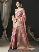 Women's Organza Pink Woven Design Designer Saree with Blouse Piece