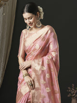 Women's Organza Pink Woven Design Designer Saree with Blouse Piece