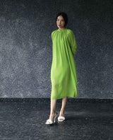 Women's Frag Green High Collared Neck With Gathers Short Sleeves With Cuff Back Button Closure Midi Dress