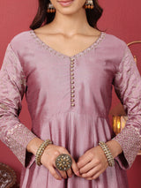 Women's Mauve Embroidered Kurta With Tonal Sequence Net Dupatta