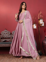 Women's Mauve Embroidered Kurta With Tonal Sequence Net Dupatta