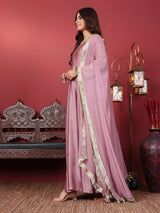 Women's Mauve Embroidered Kurta With Tonal Sequence Net Dupatta