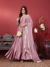 Women's Mauve Embroidered Kurta With Tonal Sequence Net Dupatta
