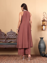 Women's Brown Yoke Embroidered Sleeveless Flared Kurta With Trousers