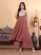 Women's Brown Yoke Embroidered Sleeveless Flared Kurta With Trousers