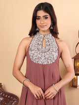 Women's Brown Yoke Embroidered Sleeveless Flared Kurta With Trousers