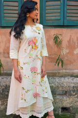 Women's White Work Regular Fit Embroidered Three Quarter Sleeves Dress