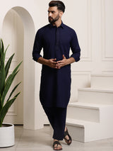 Men's Blue Full Sleeves Solid Straight Kurta Set