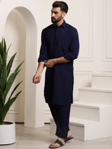Men's Blue Full Sleeves Solid Straight Kurta Set