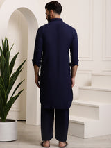 Men's Blue Full Sleeves Solid Straight Kurta Set