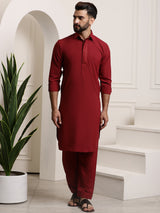 Men's Red Full Sleeves Solid Straight Kurta Set