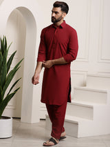 Men's Red Full Sleeves Solid Straight Kurta Set