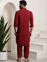 Men's Red Full Sleeves Solid Straight Kurta Set
