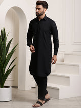 Men's Black Full Sleeves Solid Straight Kurta Set