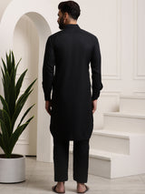Men's Black Full Sleeves Solid Straight Kurta Set