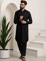 Men's Black Full Sleeves Solid Straight Kurta Set