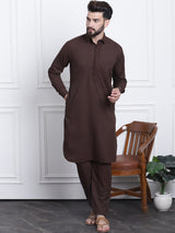Men's Brown Full Sleeves Solid Straight Kurta Set