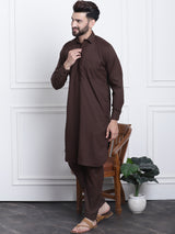 Men's Brown Full Sleeves Solid Straight Kurta Set