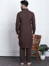 Men's Brown Full Sleeves Solid Straight Kurta Set