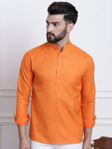 Men's Orange Fusion Solid Long Sleeves Short Kurta