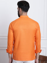 Men's Orange Fusion Solid Long Sleeves Short Kurta