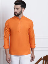 Men's Orange Fusion Solid Long Sleeves Short Kurta
