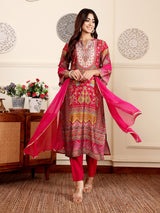 Women's Pink Ethnic Floral Printed Gota Embellished Kurta Set