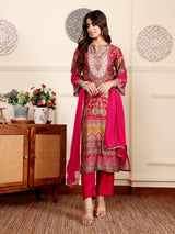 Women's Pink Ethnic Floral Printed Gota Embellished Kurta Set