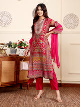 Women's Pink Ethnic Floral Printed Gota Embellished Kurta Set