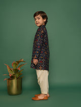Boys Navy Viscose Patola Printed Kurta with Patiala Set