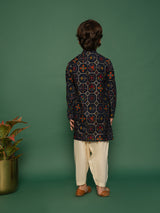 Boys Navy Viscose Patola Printed Kurta with Patiala Set