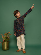 Boys Navy Viscose Patola Printed Kurta with Patiala Set