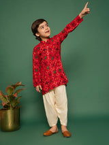 Boys Red Rayon Patola Printed Kurta With Patiala Set