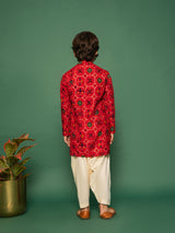 Boys Red Rayon Patola Printed Kurta With Patiala Set