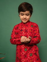 Boys Red Rayon Patola Printed Kurta With Patiala Set