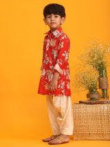 Boys Red Muslin Vibrant Floral Kurta with Patiala Set