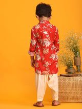Boys Red Muslin Vibrant Floral Kurta with Patiala Set