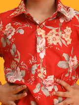 Boys Red Muslin Vibrant Floral Kurta with Patiala Set