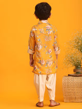 Boys Yellow Muslin Vibrant Floral Kurta with Patiala Set
