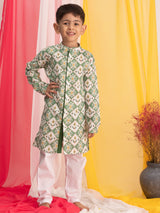 Boys Green Festive Printed Full Sleeves Kurta with Pyjama