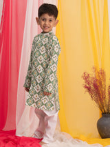 Boys Green Festive Printed Full Sleeves Kurta with Pyjama