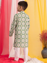 Boys Green Festive Printed Full Sleeves Kurta with Pyjama