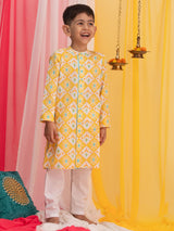 Boys Yellow Festive Printed Full Sleeves Kurta with Pyjama