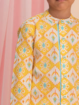 Boys Yellow Festive Printed Full Sleeves Kurta with Pyjama
