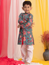 Boys Blue Festive Printed Full Sleeves Kurta with Pyjama